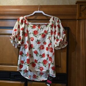 Floral Puff Sleeve Top - Red Roses on White